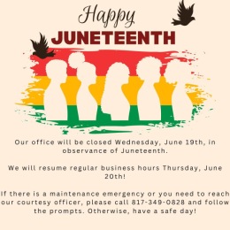 Friendly reminder our office is closed today in the observance of Juneteenth and will resume regular business hours Thursday, June 20th! If there is a Maintenace emergency or you need to reach the courtesy officer, please call 817-349-0828. Otherwise have a great day. πππ Instagram post from @landryatcrosscreek on June 19, 2024 10:02:26am