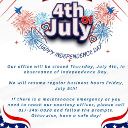 Friendly reminder that our office will be closed today in observance of Independence Day, will resume regular business hours Friday July 5th. If there is Maintenace emergency, please call 817-349-0828 and follow the prompts. Otherwise, have a safe day!πππππ€©π€© Instagram post from @landryatcrosscreek on July 04, 2024 10:03:44am